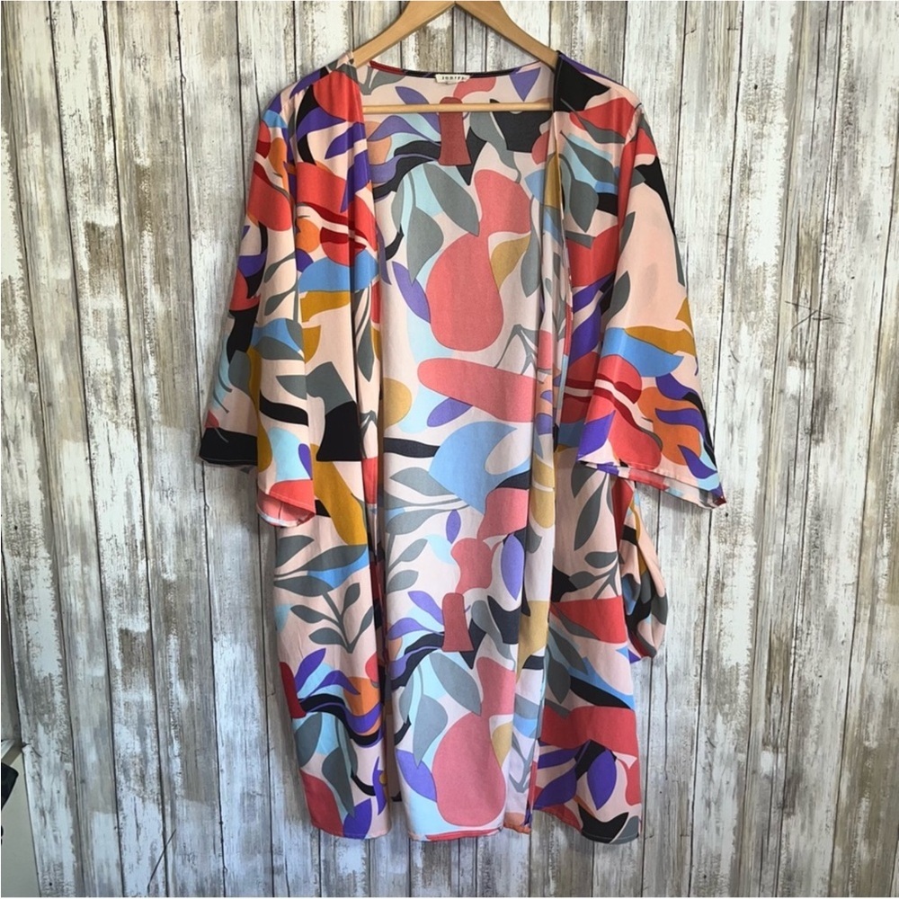 JODIFL Colorful Abstract Mod Open Front Kimono Cover Up Layer Artsy Boho - Picture 1 of 5